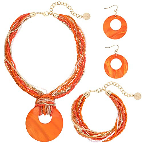 Coiris Mehrreihige bunte Perlen-Halskette mit großem Kreis-Muschel-Anhänger für Frauen (ST0012-Orange)