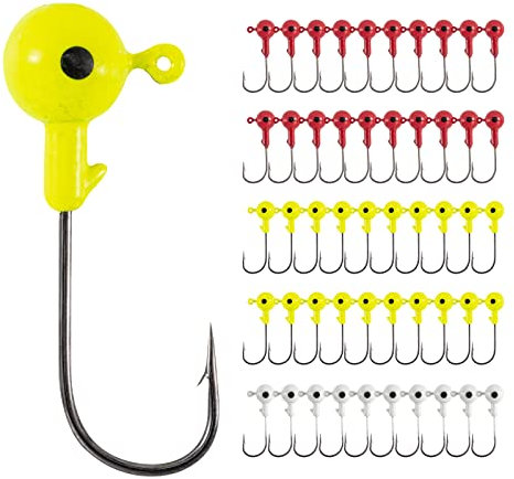 Goture 50 Stück Runde jigköpfe 5g, Jighaken Angelhaken mit 3D-Augen Bemalt Hochkarbonstahl Jigköpfe Bass Köder Jigkopf Haken Salzwasser Süßwasser Angeln Jigs für Crappie Bass Zander Striper