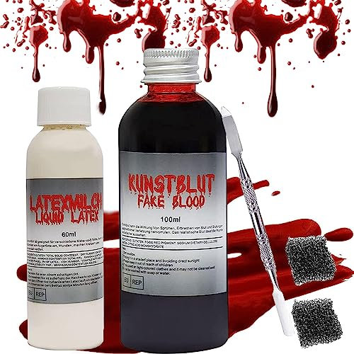Faux Sang Artificiel 100 ML, Lait de Latex 60 ML, Effet spécial Lavable, Faux Sang avec éponge de Maquillage et spatule pour Halloween, Zombie Vampire, Maquillage des plaies et des Cicatrices