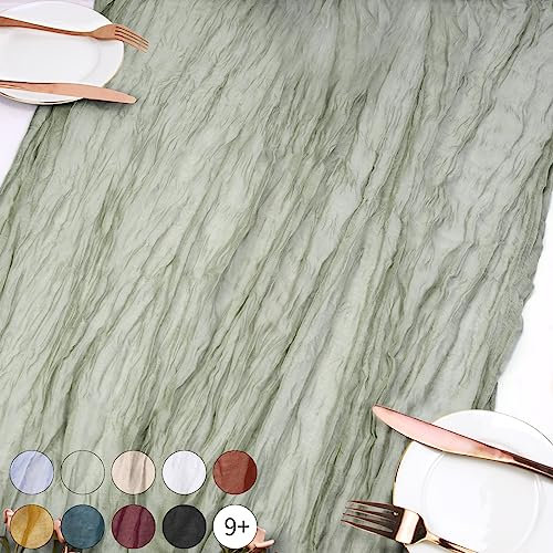 Uiopa Käsetuch Tischläufer Salbeigrün, 90 X 300cm Tischläufer Boho Tischdeko, Musselin Tischläufer Dekostoff für Hochzeit, Brautparty, Babyparty, Geburtstagsfeier