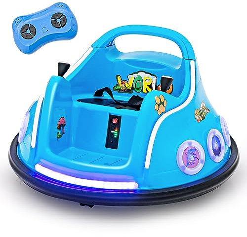 COSTWAY 12V Auto Tamponneuse Électrique Enfants avec Télécommande 2,4G, Voiture Tournante Bébé 360°avec Lumières Clignotantes & Musique, Motif d’Animé, Charge 30kg pour Enfants de 3-8 Ans (Bleu)