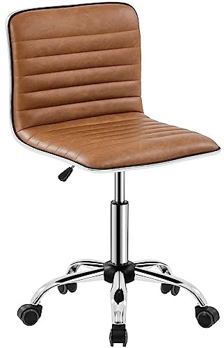 Yaheetech Armless PU Leather Office Desk Chair Low Back Computer Adjustable Swivel Task Chair with Wheels for Home Office and Study, Retro Brown