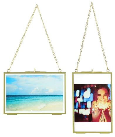 QWORK® 2 pièces cadre photo doré en verre avec chaîne en métal à suspendre, verre à motifs, pour photos, spécimens de plantes, certificats, 10X15cm