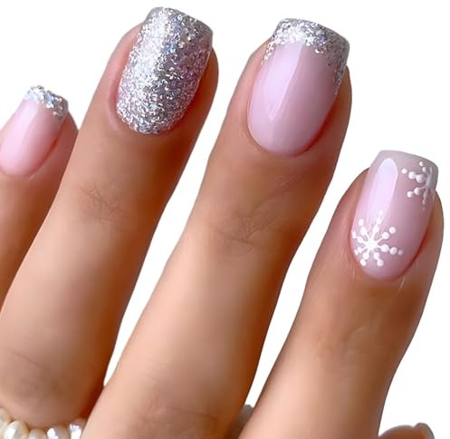 MouyouGlow Press on Nails Kurz,Square Rosa Glitzer French Schneeflocke Weihnachten Fake Nails Kunstnägel mit Nagelkleber,Winter Christmas Künstliche Fingernägel