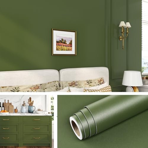 Livelynine Papier Peint Mural Couleur Unie Epais 40CMx10M Lavable Papier Peint Vert Uni Salon Salle de Bain Chambre Papier Adhesif pour Meuble Cuisine Vert Olive Rouleau Adhesif pour Meuble