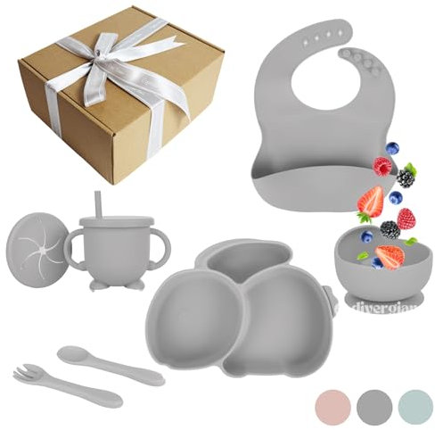 DIVERGIANA - Vajilla Bebé Silicona Conejo 9 Piezas - Plato con Ventosa Libre de BPA - Regalo Infantil - Vaso Antiahogo 2 en 1 - Diseño Divertido