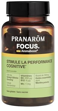 Pranarôm - Aromaboost Focus - Complément Alimentaire- Améliore la Mémoire et la Concentration - Ginkgo - Ginseng - Vitamines B9 B12 - Huile Essentielle Sauge à Feuilles de Lavande - 60 Capsules