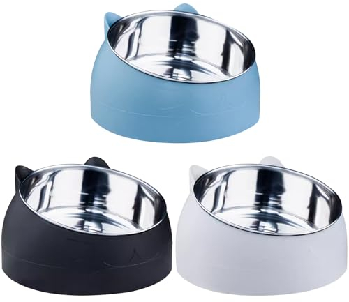 Bol pour chats et chiens en acier inoxydable – Lot de 3 bols relevés inclinés de 15 °, 400 ml, amovibles pour alimentation et eau