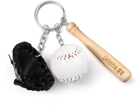 Amsgedhie Baseball-Schlüsselanhänger, Mini-Schläger aus Holz und PU-Leder Handschuh Schlüsselanhänger, personalisierte Name und Nummer Sport Schlüsselanhänger (Schwarz)