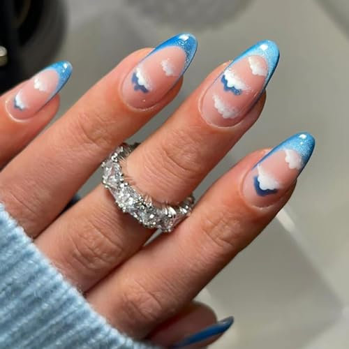 Clouds Press on Nails 24 PCS Blue Almond False Nails Cat Eye Press on Nails Glossy Medium Fake Nails with Design for Women and Daily Decoration