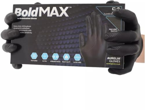 Apex Business Supplies 50 Large Bold Max Heavy Duty Nitrile Glove Diamond Grip Black Gloves | Powder & Latex Free Nitrile Disposable Gloves Mechanic Gloves Extra Thick & Super Strong 1 Box