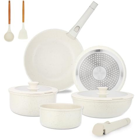 16PCS Pots and Pans with Removable Handles, Customized Handle Adjustable, Stackable RV Cookware with Deluxe Large Size, Dishwasher & Oven Safe, Induction Cookware Set Non Stick, Granite Cream White