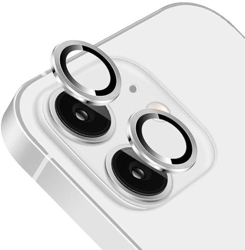 TENOC Protezione per obiettivo della fotocamera per iPhone 11, iPhone 12 e iPhone 12 Mini, 9H, in vetro temperato, anello singolo in metallo argentato