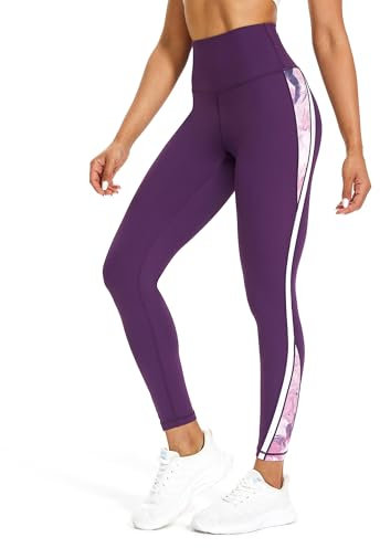 Evievit Yoga Gym Laufhose Sportleggins Sporthose Sport Leggings Damen 3/4 mit Taschen Lang Blickdicht High Waist,Violett XL