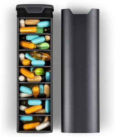 Pillendose aus Metall, 7 Tage, luxuriös, feuchtigkeitsbeständig, 1 mal täglich, für Damen und Herren, große Kapazität, Medikamentenbehälter für Vitamine/Fischöl, Schwarz