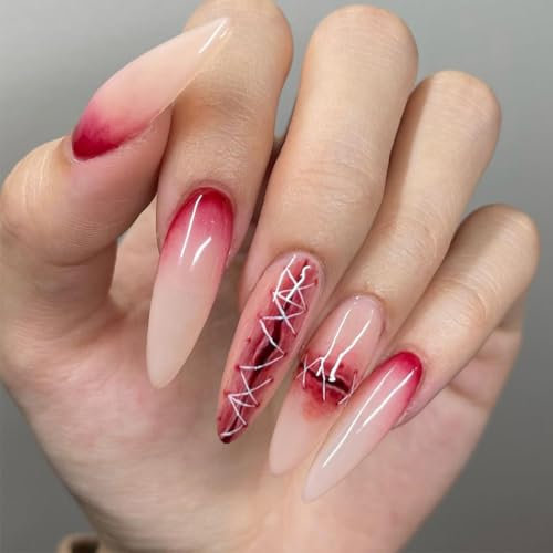 24pcs Halloween False Nails Long Almond Press on Nails Wound Stitches Fake Nails Red Nude Ombre Stick on Nails Removable Glue on Nails, Halloween Nail Art Accessories Gifts for Women