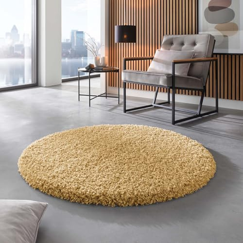 Taracarpet Shaggy Hochflor Langflor Teppich Twilight Luxus Qualität aus Belgien geeignet fürs Wohnzimmer Schlafzimmer und Kinderzimmer 2244 Gold 120x120 cm rund