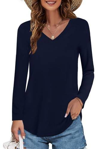 Elesomo Damen T Shirts Baumwolle Kurzarm/Langarm V Ausschnitt Oberteile