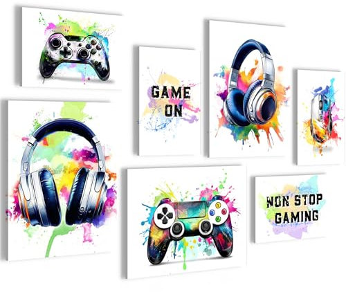 Novart Wandbilder Spielkonsole Gamer - KOMPLETT AUFHÄNGFERTIG - Mehrfarbig Wohnzimmer Schlafzimmer Flur - 7 Moderne Mood-Bilder - N038771a