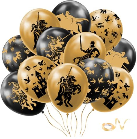 24 Stk. Ritter und Drachen Luftballons Drache Latex Ballons Dragons Kindergeburtstag Dekoration Kreuzritter Mittelalter Mottoparty Ballon Schwarz und Gold