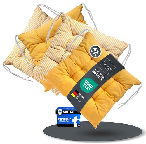 LILENO HOME 4er Set Wende Stuhlkissen Gelb (40x40x6 cm) - Streifen Sitzkissen für Gartenstuhl, Küche oder Esszimmerstuhl - Indoor u. Outdoor Stuhlauflage als Stuhl Kissen (Linda FUM)