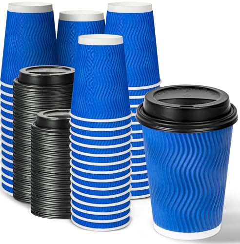 Ginkgo Tasses à café épaisses jetables de 355 ml avec couvercles | Lot de 60 gobelets en carton ondulé à double paroi isotherme, anti-fuite, pour boissons chaudes, bleu