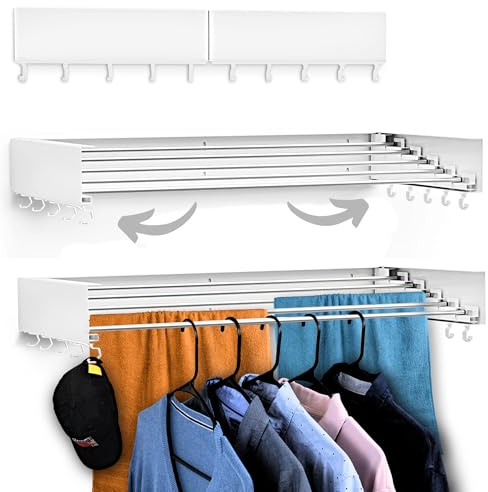 Zetez Foldable Wall Mounted Drying Rack - 31.5” Wide, 13.2 Ft Drying Space, 5 Aluminum Rods, Supports Up to 60 lbs - Retractable & Foldable Space-Saving Wall Mounted Clothes Drying Rack (White)