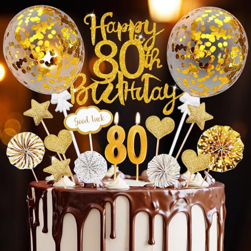 Torten Deko 80. Geburtstag Frau Mann, 20 Pcs Cake Topper Gold 80 Jahre Geburtstag Deko, Happy 80th Birthday Tortendeko mit Geburtstagskerzen, Kuchendeko 80 Geburstagstorte Männer Frauen Party