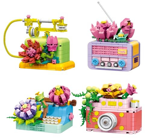Flower Vintage Telephone Typewriter Camera Radio Building Set, STEM Furniture Decor Model Toys, Botanical Collection Phone Typing Radio Camera Four Combination Bricks Kit, Ideas Gifts for Kids Adults