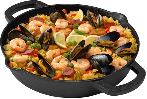Navaris Gusseisenpfanne - Ø25cm Eingebrannte Pfanne Gusseisen Induktion - Cast Iron Pan - Gusspfanne - Grillpfanne Gusseisen - Steakpfanne mit Zwei Griffe und Zwei Ausgießer