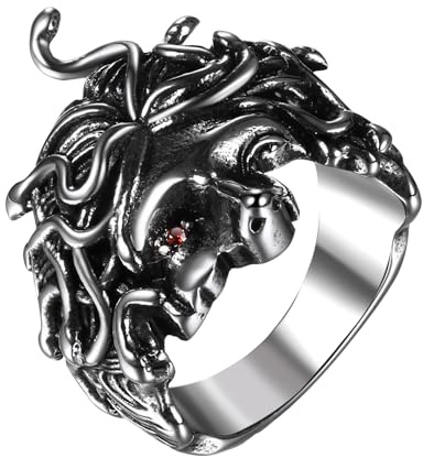 Cupimatch Gothic Schlangenring Medusa Ring: Vintage Cool Edelstahl Schwarzer Siegelring mit rotem Zirkonia Rock Punk Dark Schlangen Haar Fingerring Biker Schmuck für Damen Herren, Größe 57