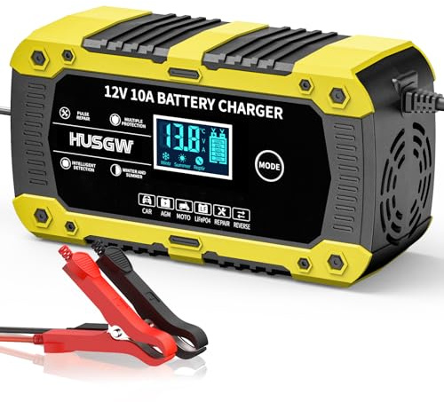 Husgw Chargeur Batterie Lithium 12V10A, Maintien de Charge Batterie Voiture avec Réparation Auto, LiFePO4 Battery Charger Intelligent avec Écran LCD, pour Voiture/Moto/Camion/AGM/Gel/Wet/SLA