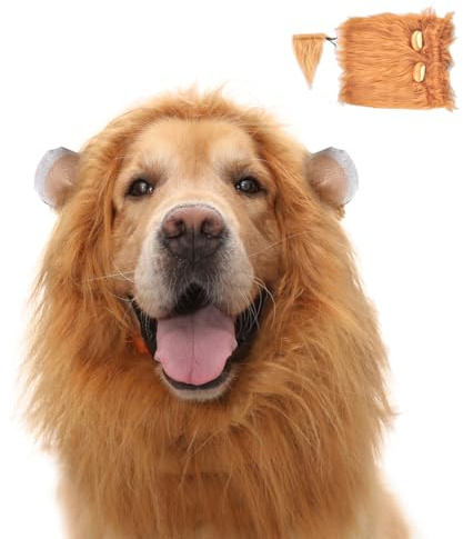 yolzhxe Löwenmähne Hund, Hundekostüm Löwenmähne Hund mit Ohren, Schwanz, M | Verstellbarer, Hellbraun Größe, Löwenperücke für Halloween, Weihnachts und Cosplay Partys Usw
