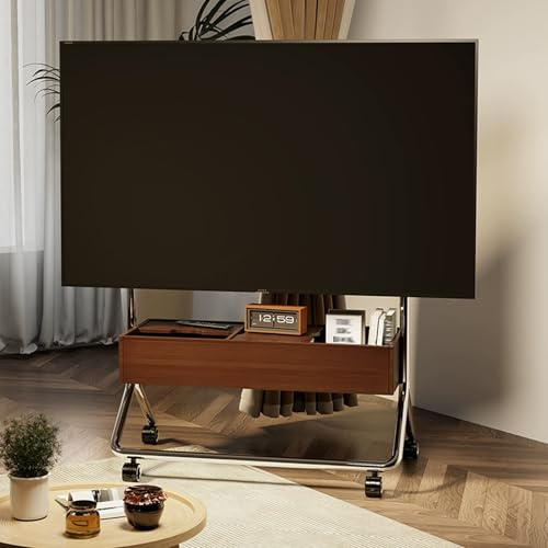 Height Adjustable Mobile TV Stand with Storage Box, Rolling Cart on Silent Wheels, Fits 50-75 TVs, Portable Wooden TV Mount, Brown Finish