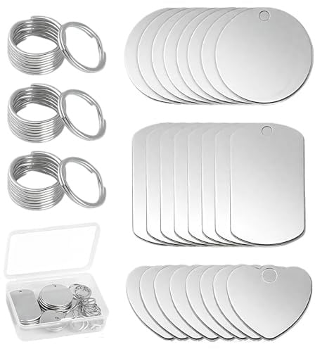 MUYAPAY 24 Piezas Colgantes de Acero Inoxidable en Blanco, Redondas | Rectangulares, Forma, Corazón - 3 Tamaños, Chapas personalizadas, Chapa Perro Grabada, Cllaveros de Acero Inoxidable