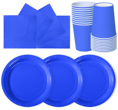 hailstones Bleu Saphir 72 Pièces Vaisselle en Papier pour Anniversaire Enfants : Assiettes, Gobelets, Serviettes - 24 Invités