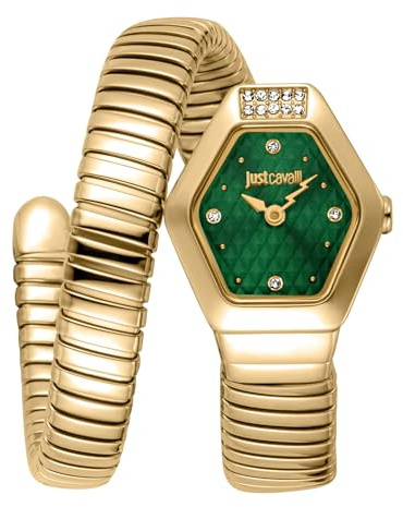 Just Cavalli Signature Snake Splora - Damen-Armbanduhr Quarz Mode Armband und Gehäuse aus Edelstahl Farbe Gold Analoges Zifferblatt Grün - JC1L394M0035