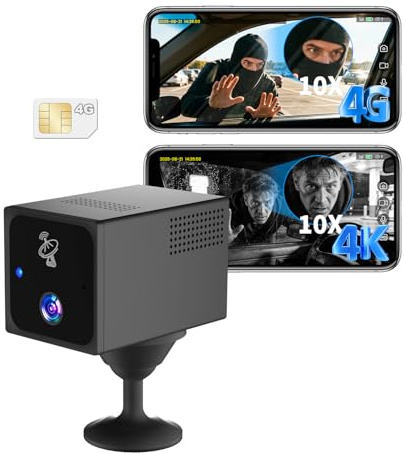 Bextgoo Telecamera con SIM, 4G LTE Telecamera senza WiFi, 4K Mini Videocamera 4G Batteria per Auto, Parcheggio, Campeggio & Viaggio, Visione 160°, Visione Notturna, Rilevamento Radar AI & Allarme