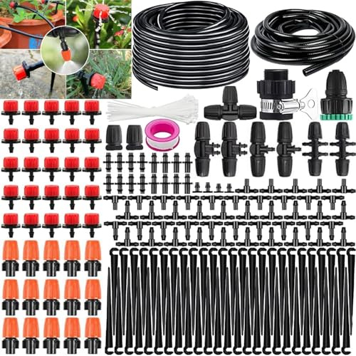 Sistema de Riego Jardín, Sistema de Riego por Goteo, 30M+10M Kit Riego con Ajustable Boquilla Aspersor Pulverizador y Gotero Automatico para Jardin Invernadero Césped Patio Terraza