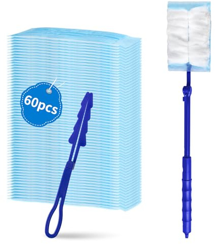 60 Pcs Fluffy Duster Refills with 2 Handles, Flash Dust Magnet Starter Kit | Electrostatic Dusters for Multi Surface Cleaning Furniture Blinds Car Interior Office 180° Flexible Head Soft Microfiber
