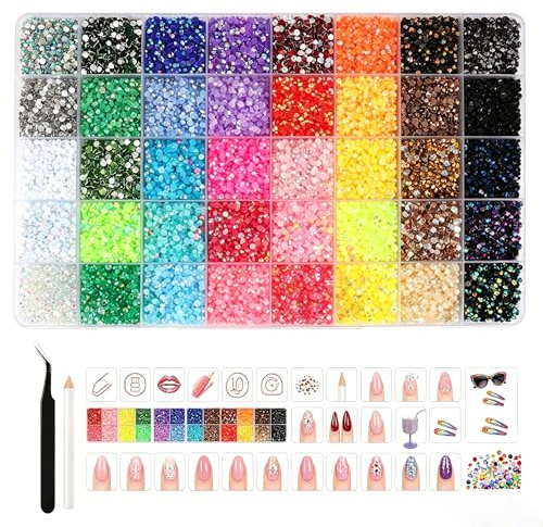 40000 Stück Strasssteine Set, 40 Farben 3mm Jelly Strasssteine Glitzersteine zum Basteln mit Pinzette und Stift, Bunte Glitzersteine Bedazzler für Basteln Nägel Diamond Painting