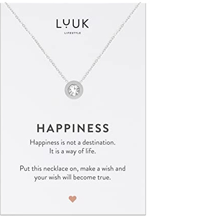 LUUK LIFESTYLE Collar con Colgante, Tarjeta Regalo HAPPINESS, 50cm | Joyería Plateado, Dorado, Oro Rosa, Cadena Resistente al Agua, Hipoalergénico, Cadena Ajustable, Regalo Mujer, Ella, Madre