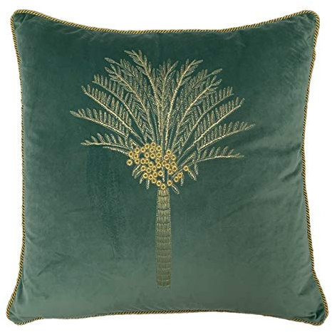 furn. Desert Palm Cushion Cover, Embroidered Velvet Palm Tree Design, Polyester, Mineral Blue, 50 x 50 cm