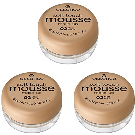 essence soft touch mousse make-up, Make-up, Nr. 02, Nude, mattierend, matt, für unreine Haut, für Mischhaut, vegan, ohne Parfüm, ohne Alkohol, ohne Parabene, 3er Pack (3x16g)
