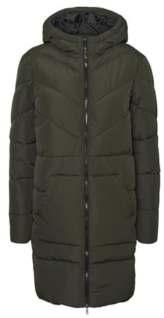Noisy May Damen Lange Puffer Jacke | Warmer Stepp Wintermantel mit Kapuze | Wattierter Blouson NMDALCON, Farben:Dunkelgrün, Größe:42