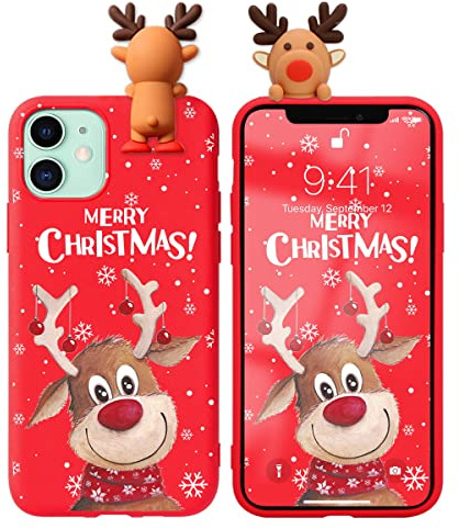 Pnakqil Weihnachten Hülle für Apple iPhone 11 6.1 Hülle,Silikon Rot 3D Cartoon Christmas REH Süß Schutzhülle Weihnachten Deer Muster Stoßfest TPU Case Handyhülle Kompatibel mit iPhone 11,REH