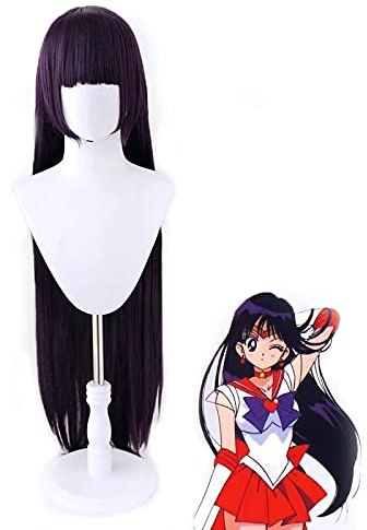 WHBHD Sailor Moon Sailor Mars Rei Hino 100 cm Lange gerade dunkle lila Hitzebeständige synthetische Haarsplay Kostüm Perücke + Perücke Kappe