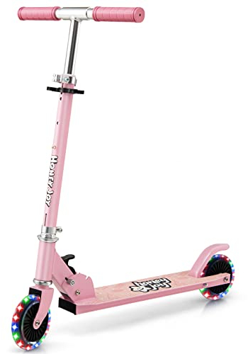 GYMAX Kinderroller mit 2 LED Rädern, Tretroller Scooter Faltbar & Höhenverstellbar, Kickscooter bis 50 kg Gewicht, 3 4 5 6 7 8 Jahre, Blau/Rosa (Rosa)