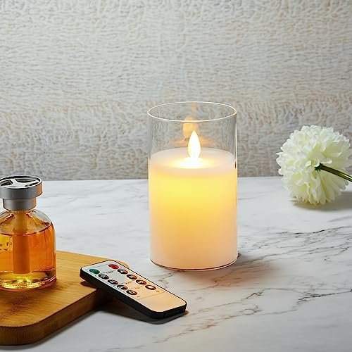 Koelaa LED Candles, Glass Battery Operated Candle, Flameless Battery Candles with Remote, Flickering LED Candle Glass with Timer for Christmas, Halloween, Festivals Decoration-7.5 * 12.5cm