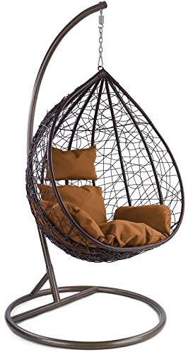 RAMROXX Luxus Hängesessel Miami XL Polyrattan mit Korb Gestell braun Kissen Hellbraun